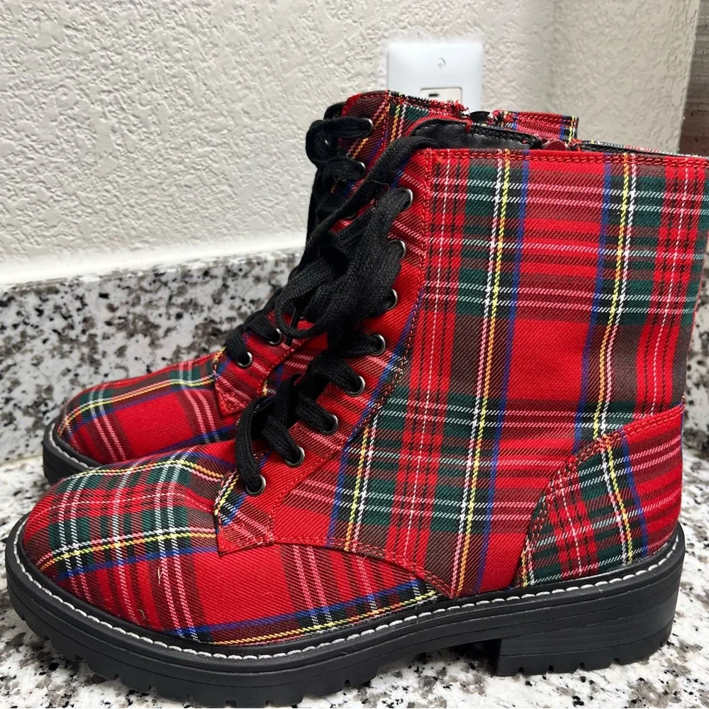 True Craft Red Plaid Combat Boots - Picture 6 of 9
